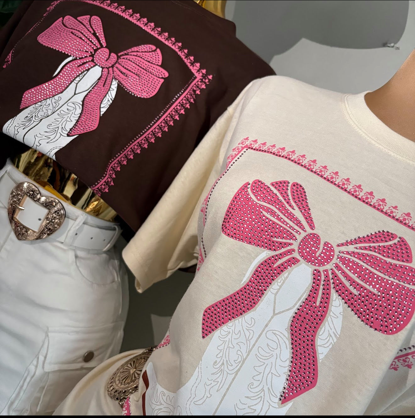Rhinestone Western Design Oversize Tshirt with boot and Pink Bow detail
