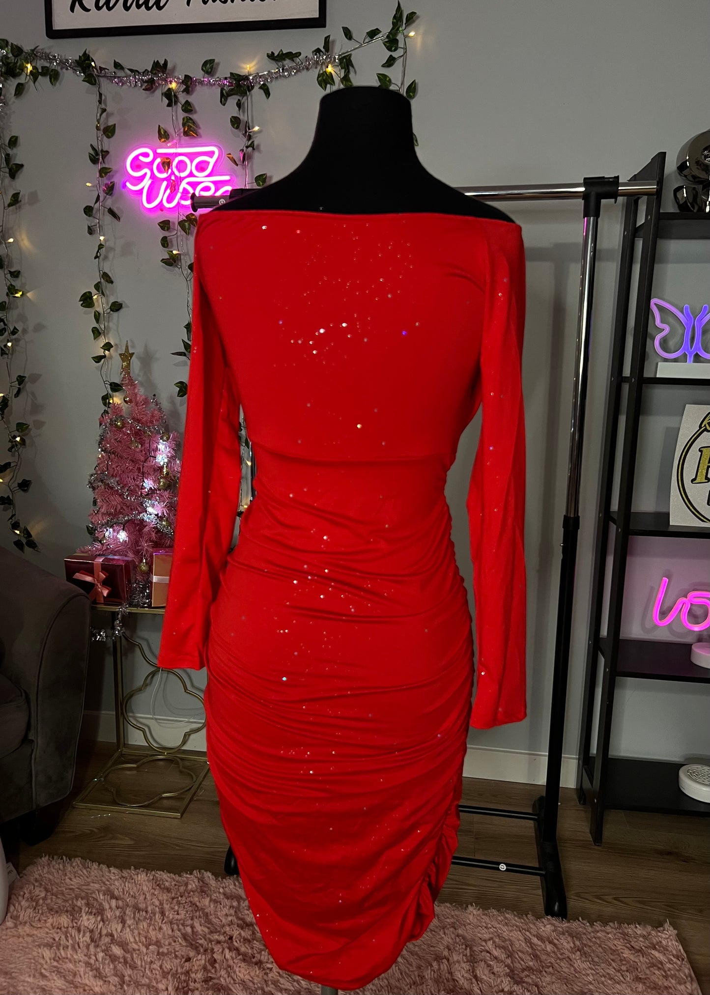 Red long sleeve glitter dress