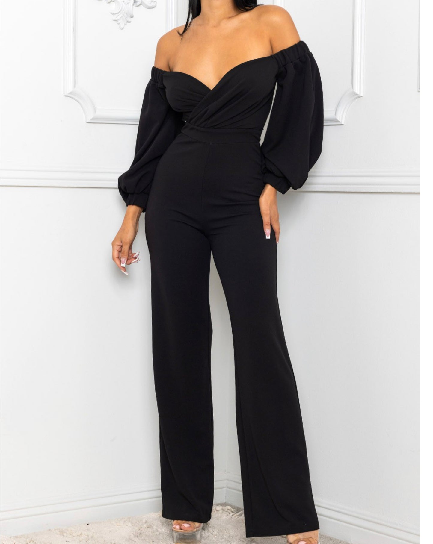 Off the shoulder black jumpsuit