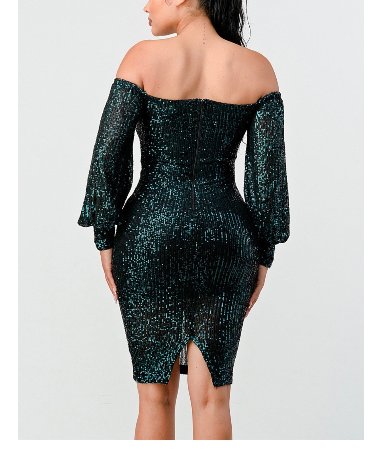 Luxe Hunter Green Sequin- Off the shoulder dress