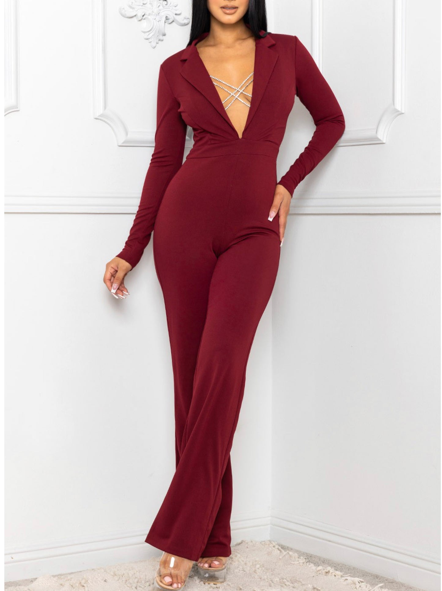 Rhinestone Strap detail  Burgundy Jumpsuit