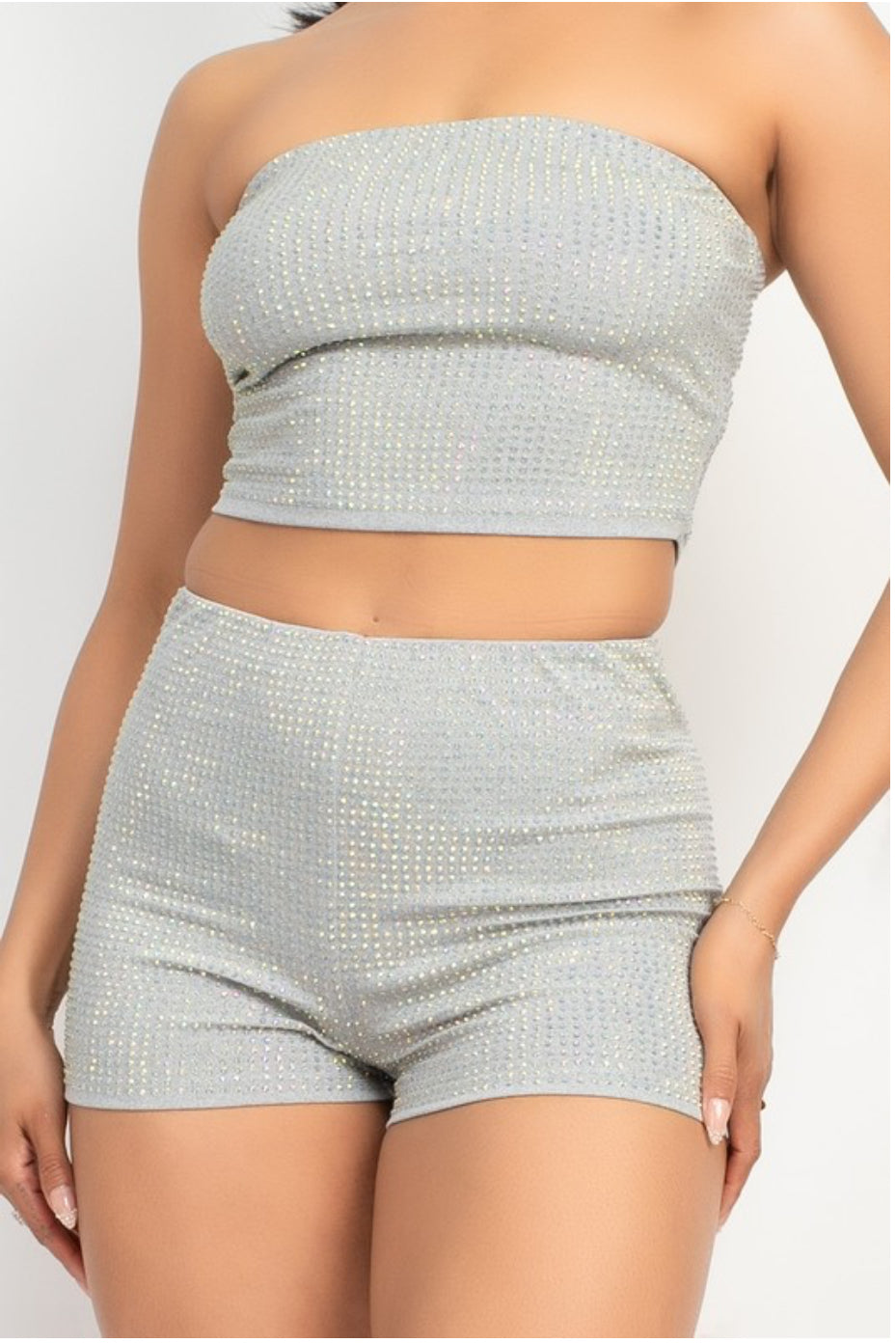 Reina Rhinestone short set grey