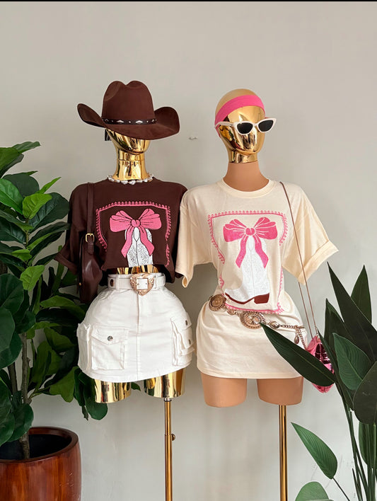Rhinestone Western Design Oversize Tshirt with boot and Pink Bow detail
