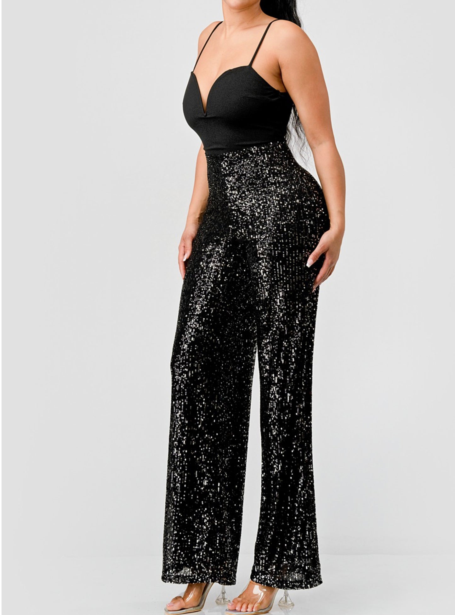 Luxe Black Sequin Wide Leg Jumpsuit