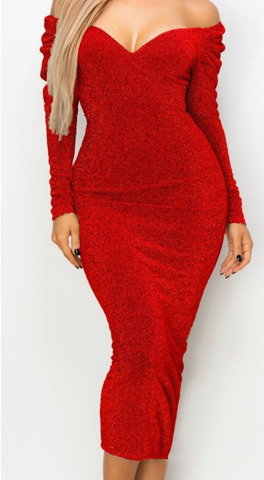 Red long sleeve off the shoulder midi dress